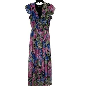 Vibrant Floral Maxi Dress - Blue, Pink, Green
